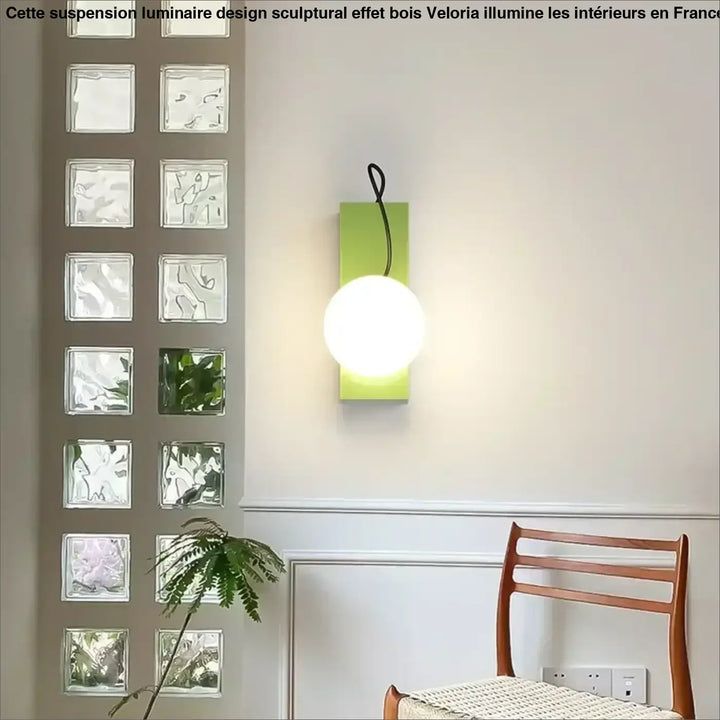 Luminaire design sculptural avec suspension luminaire design moderne sphère blanche base rectangulaire vert lime veloria