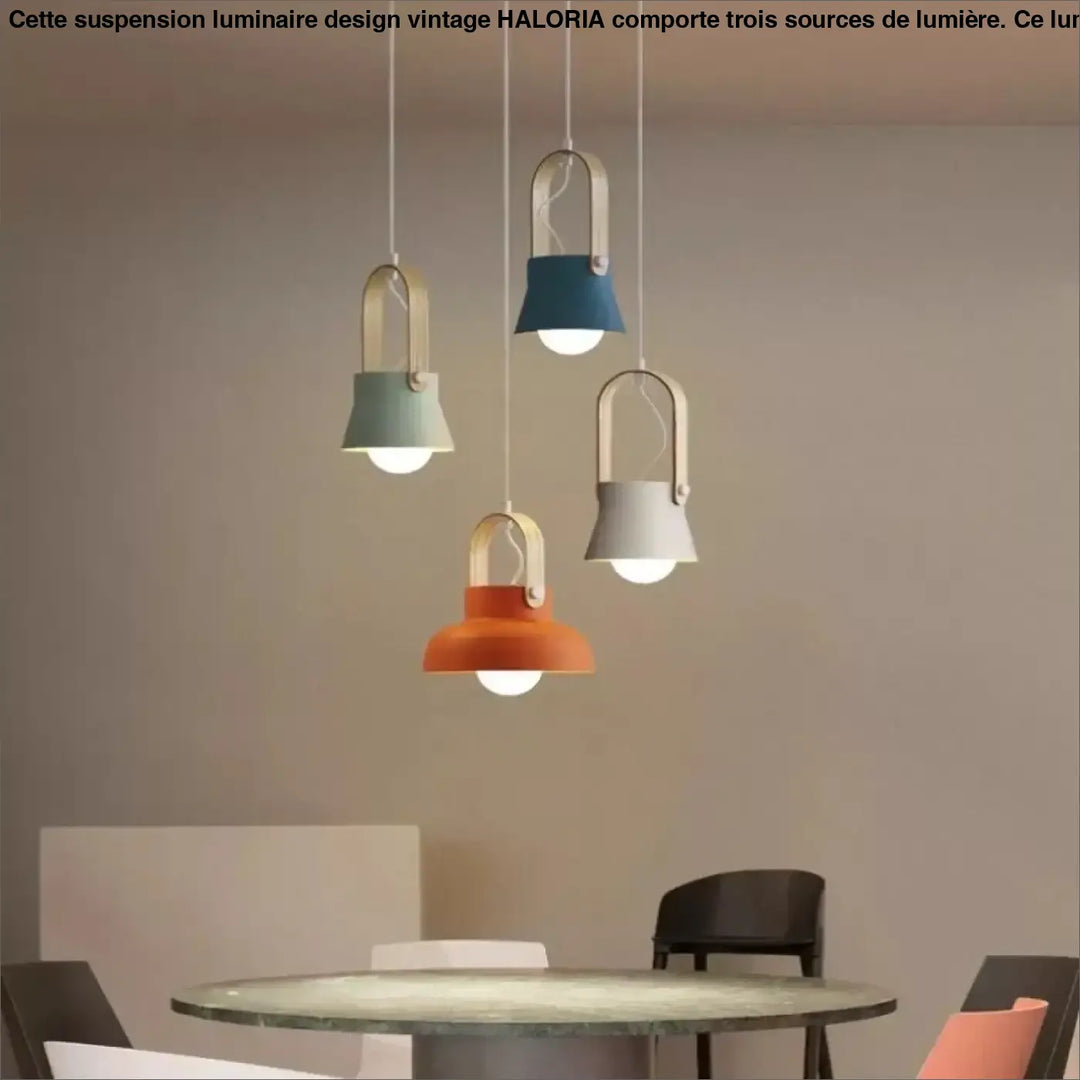 Suspension luminaire design vintage a trois eclairages haloria avec abat-jour cloche colorés en teal bleu orange et blanc