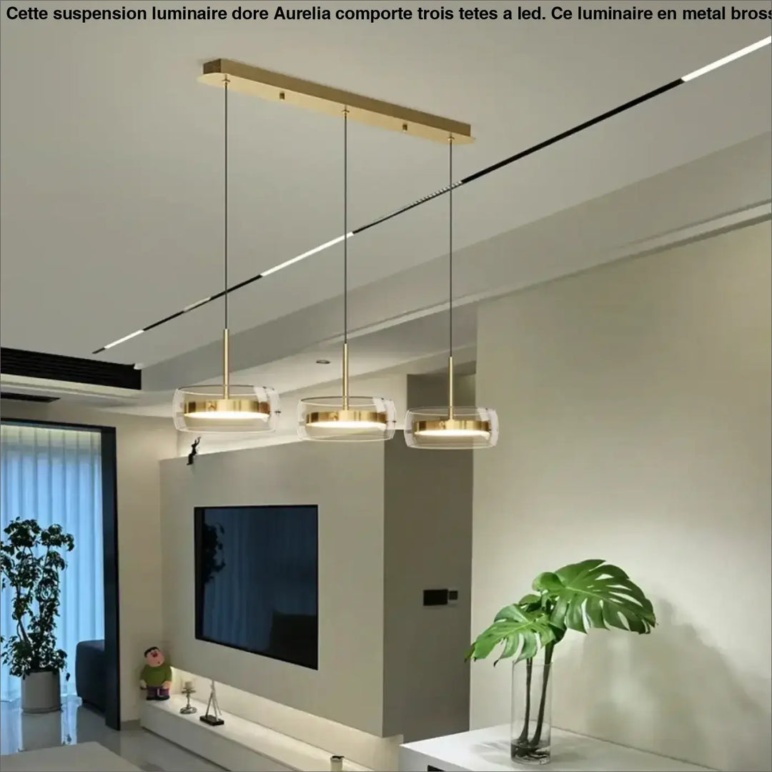 Suspension Luminaire Doré Avec 3 Spots LED Style Moderne