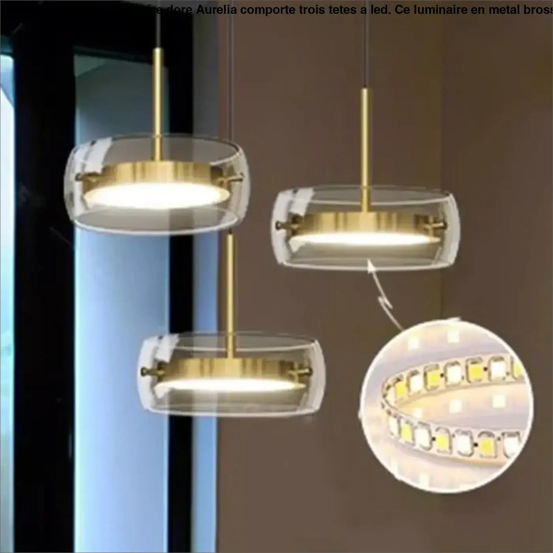 Suspension Luminaire Doré Avec 3 Spots LED Style Moderne