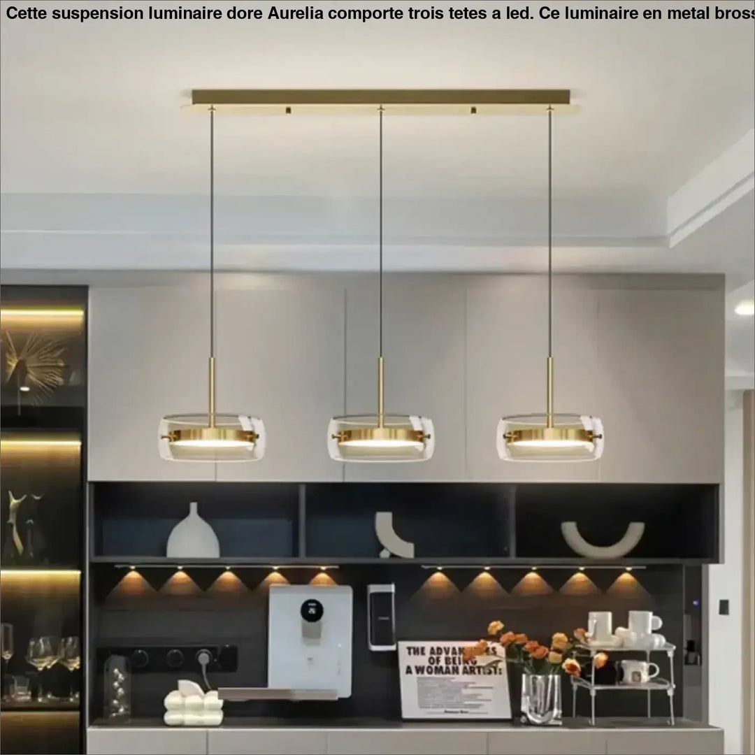 Suspension Luminaire Doré Avec 3 Spots LED Style Moderne