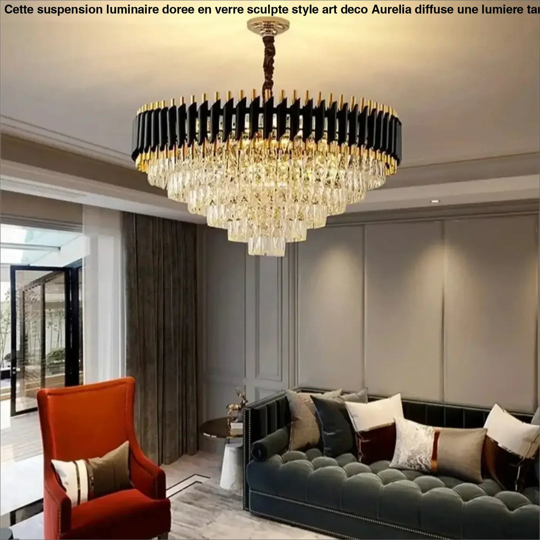 Suspension Luxueuse Lustre Cristal Cascade Doré Élégant