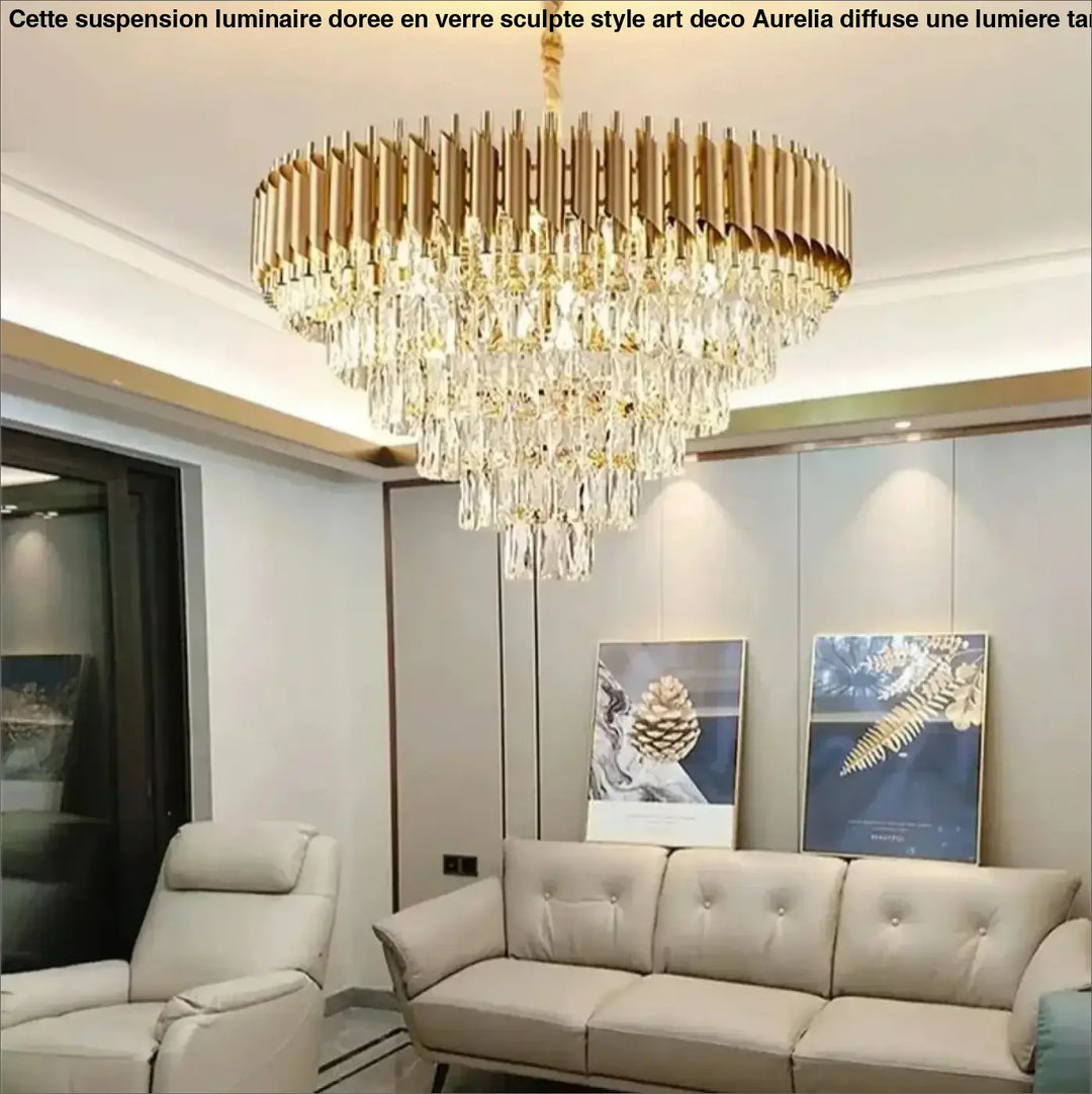 Suspension Luxueuse Lustre Cristal Cascade Doré Élégant