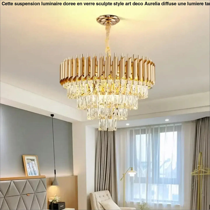 Suspension Luxueuse Lustre Cristal Cascade Doré Élégant