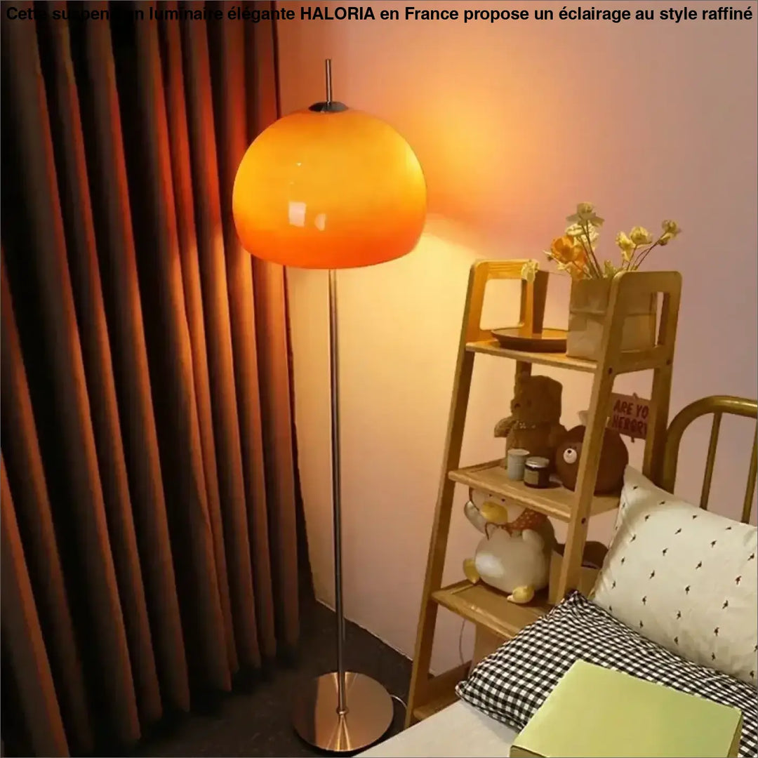 Lampadaire nectar orange sphérique en verre dégradé avec pied moderne en métal offrant une lumière douce