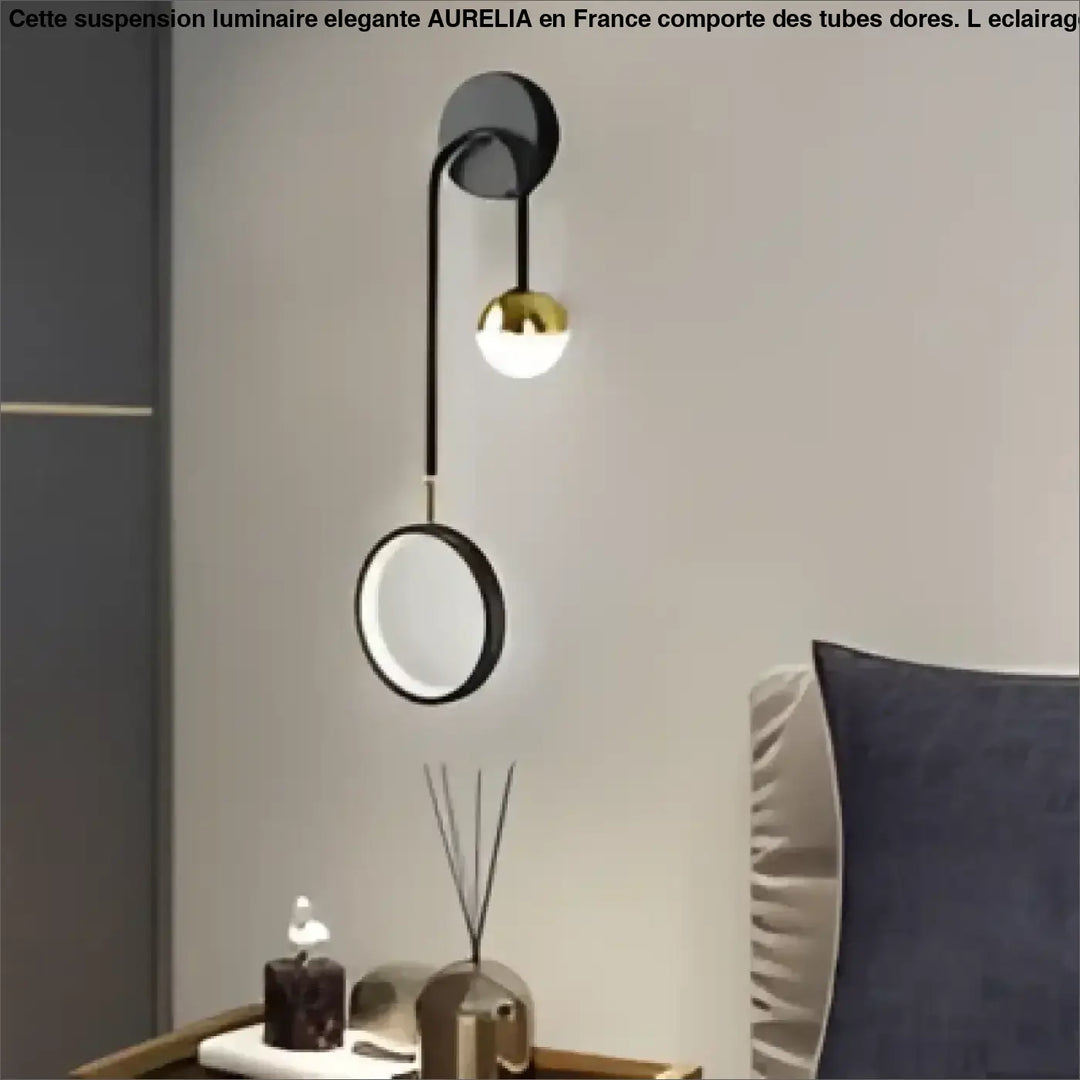 Applique murale orialis en noir et laiton avec bras courbé et anneau suspendu décoratif et ampoule chaude