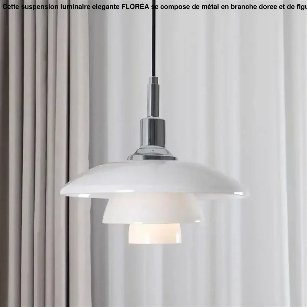 Suspension luminaire noida en verre opalin avec design superposé blanc et ferrures métalliques chromées style danois