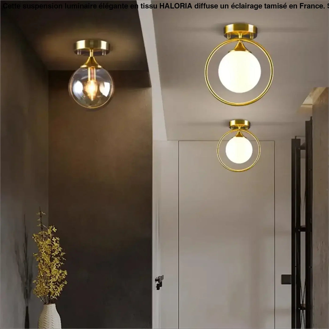 Luminaire plafonnier celliah avec suspensions dorées à monture circulaire minimaliste et globe en verre sphérique