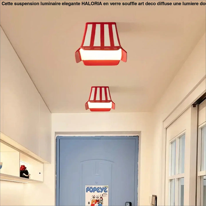 Plafonnier enfant rouge à bandes blanches avec design géométrique moderne pour décoration intérieure élégante