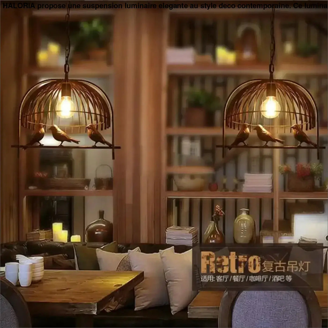 Suspension luminaire lumoiseau style cage en bronze rustique avec ampoules chaleureuses et perchoirs en bois détaillés