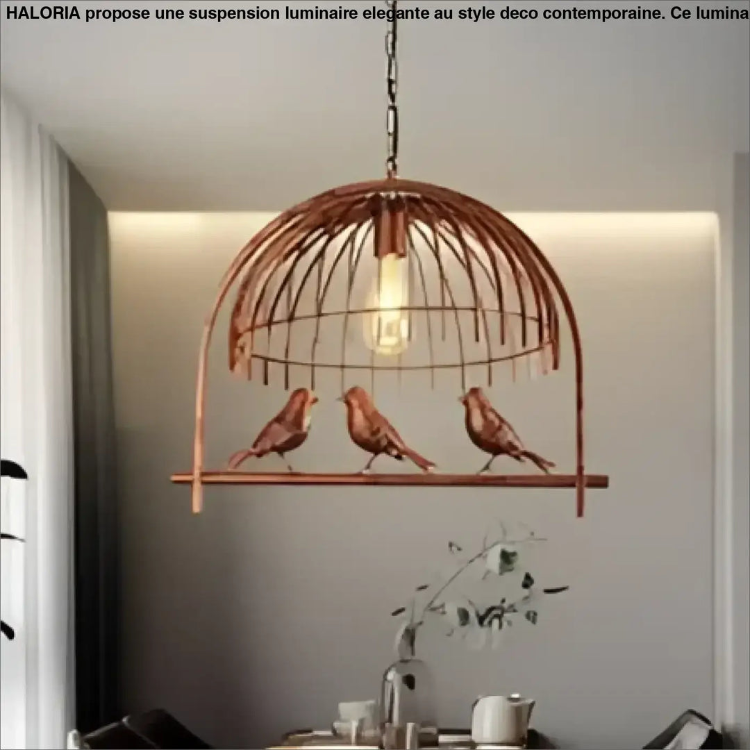 Suspension luminaire cuivre style cage avec trois perchoirs en bois et oiseaux volières anciennes cage à oiseaux