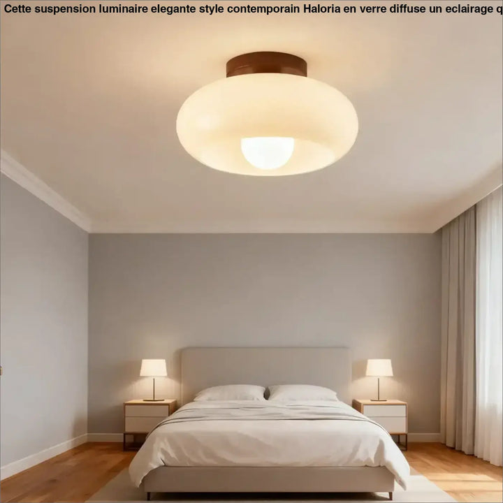 Luminaire plafonnier en verre blanc et bois naturel moderne