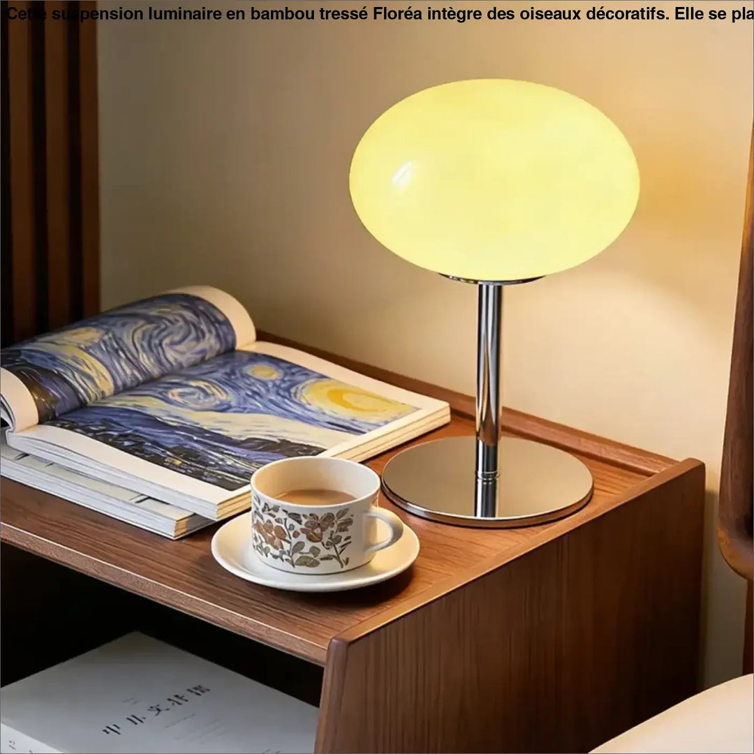 Lampe de chevet bonia avec lumière douce, style minimaliste, abat-jour doré translucide et base chrome poli pour décoration intérieure