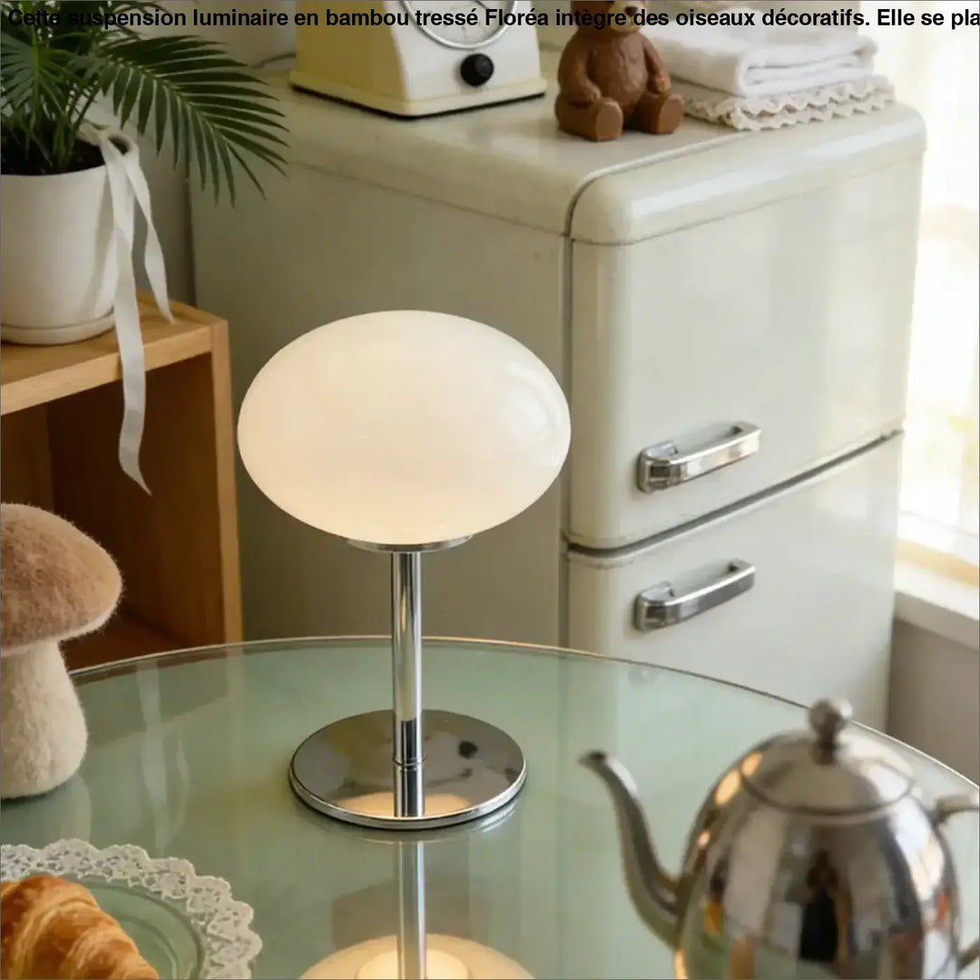 Lampe de chevet bonia avec globe sphérique crème en verre et base en chrome poli pour une lumière douce et décoration intérieure minimaliste