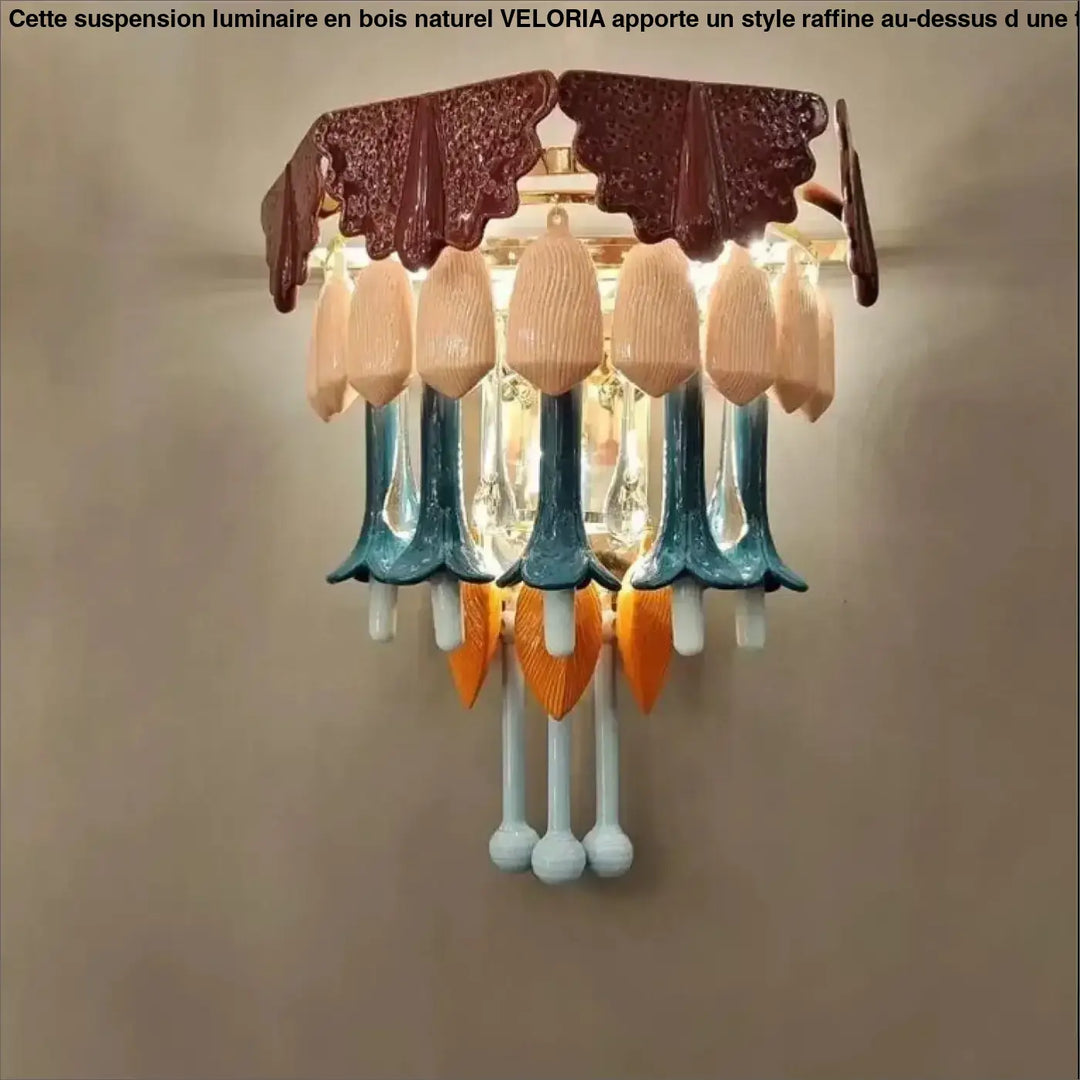 Applique murale design avec pampilles colorées en verre sculpté tons marron, pêche, teal, orange et blanc