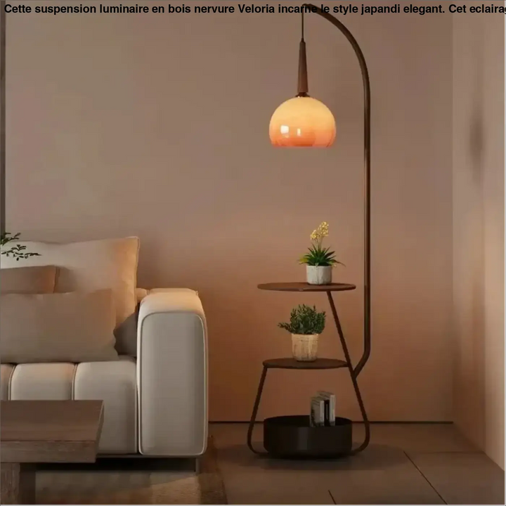 Lampadaire doria avec globe en verre orange chaud suspendu et étagères intégrées en métal incurvé
