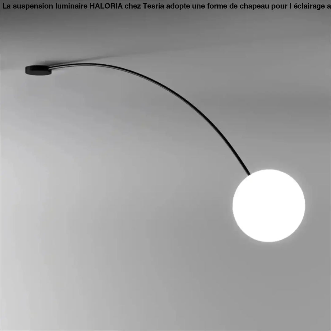 Suspension luminaire haloria avec bras courbé noir et globe en verre blanc pour éclairer au-dessus d’une table ou d’un coin salon