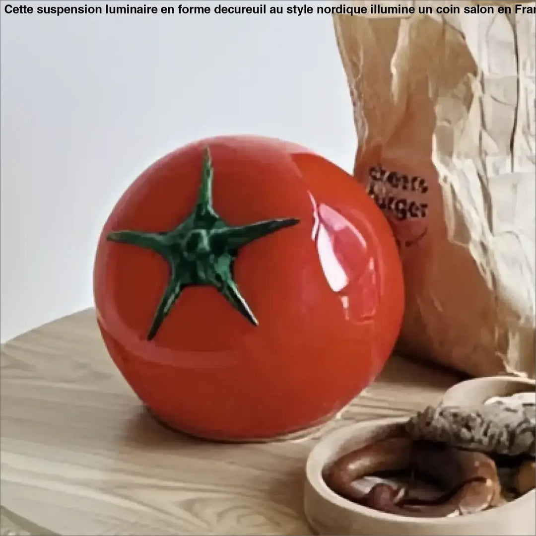 Veilleuse tomate en céramique rouge avec motif vert apportant une création lumineuse et une ambiance douce