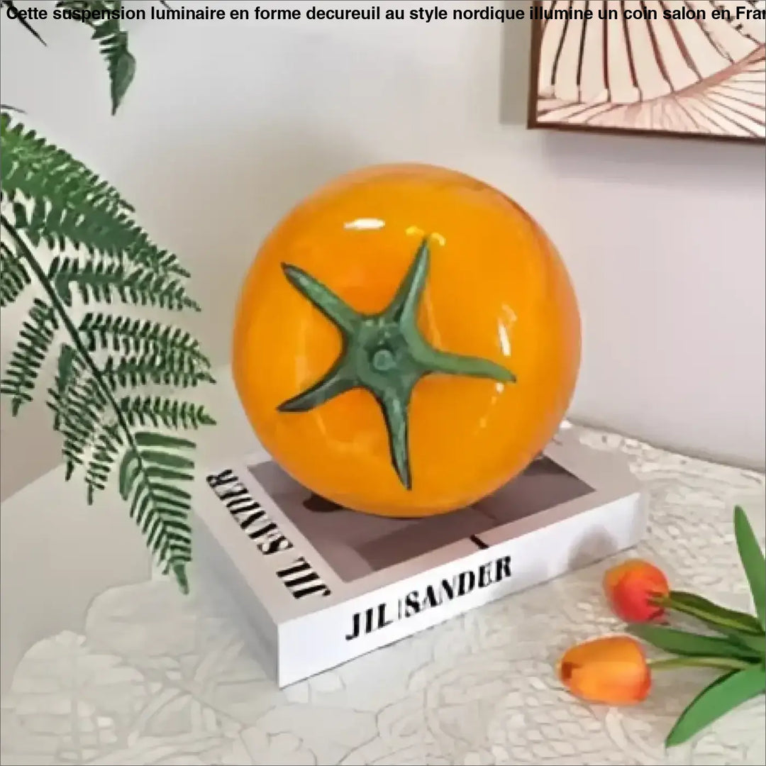 Veilleuse tomie orange brillante en forme de tomate avec création lumineuse apporte une ambiance douce sur un livre blanc