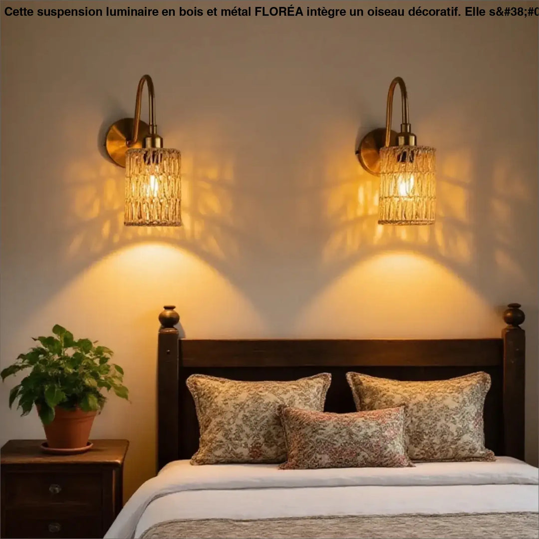 Brass wall sconces with woven glass shades from suspension luminaire en metal et bois avec oiseau, ideal au-dessus d’une table ou d’un coin salon