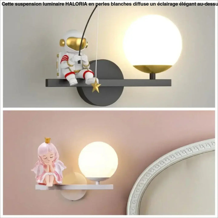 Applique murale alora avec figurine astronaute blanche à accents dorés et bandes rouges près d’un light feature sphérique