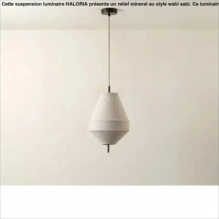 Suspension luminaire kosy en lin naturel avec abat-jour texturé écru et structure métallique foncée style japandi