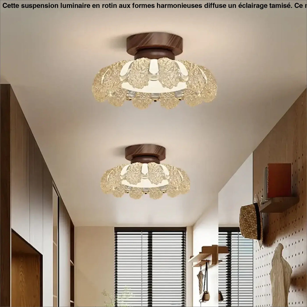 Luminaire plafonnier moderne en forme de fleur cristalline avec base en bois foncé ecclésia
