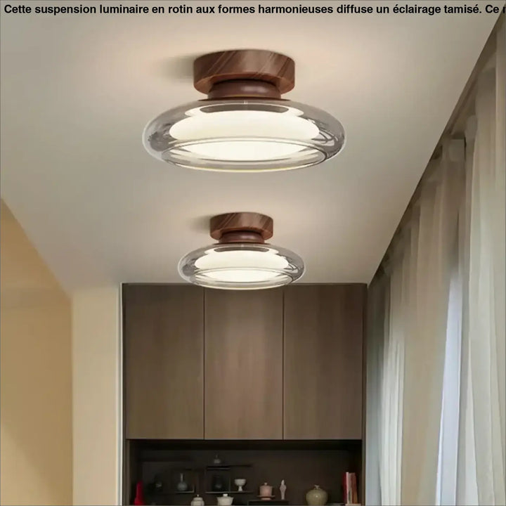 Luminaire plafonnier moderne avec dôme en verre clair et base circulaire en bois ton chaud ecclésia