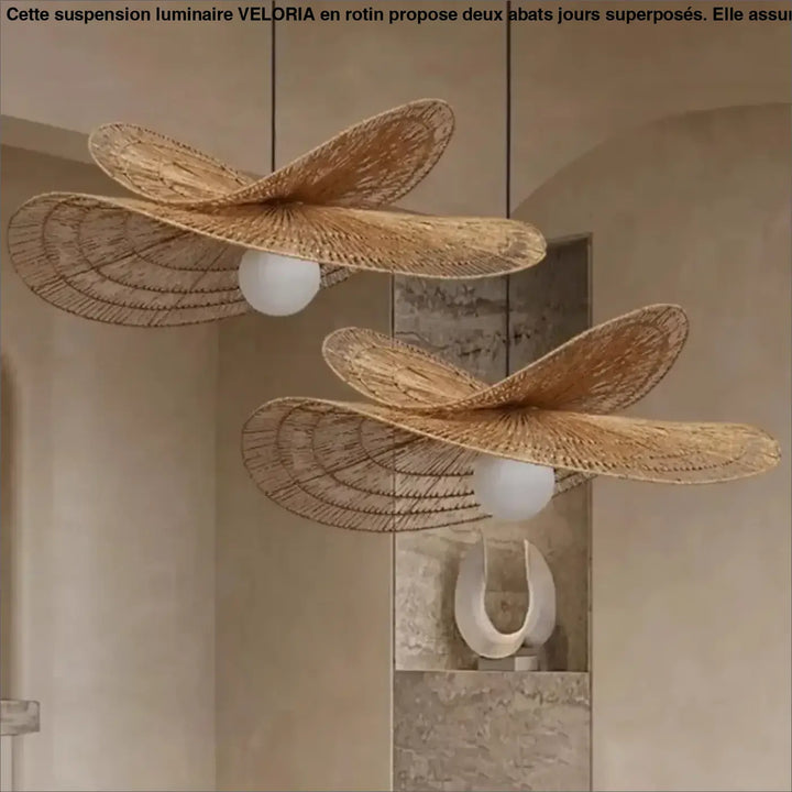 Suspension Luminaire En Rotin Avec Deux Abats‑Jours Superposés