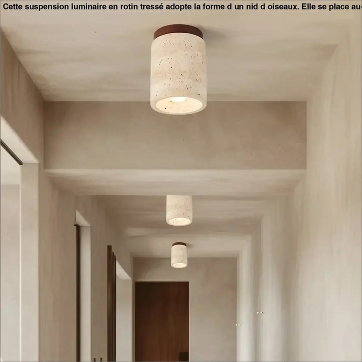 Cylindrique suspension luminaire en béton à texture mouchetée avec sommet en métal brun au-dessus d’une table nid d oiseaux