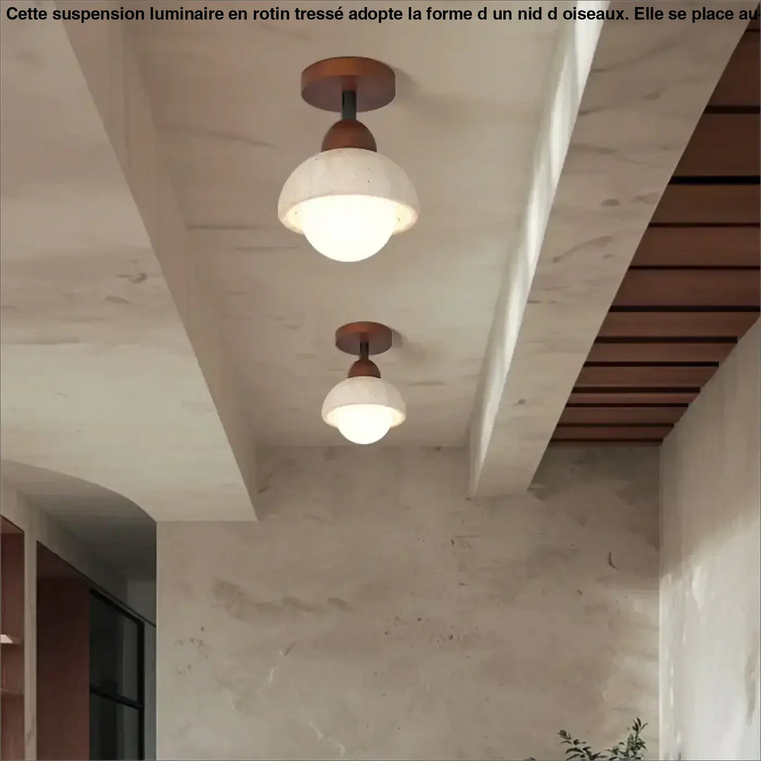 Deux suspensions luminaires en nid d oiseaux avec fixtures en bois chaud au-dessus d’une table