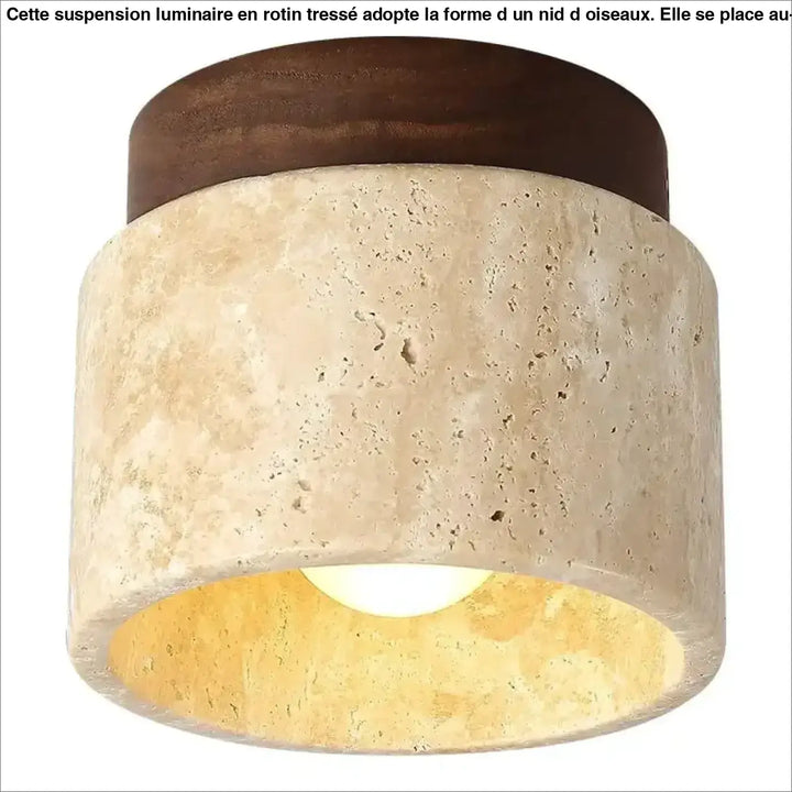 Suspension luminaire en forme de nid d oiseaux avec dessus en bois foncé et corps en pierre beige pour au-dessus d’une table