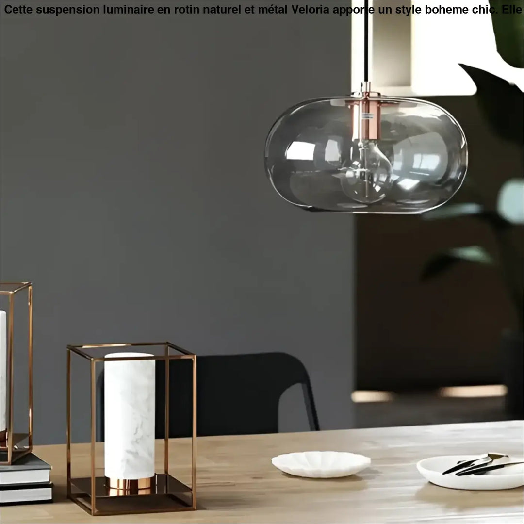 Suspension luminaire moderne sietra en verre fumé gris avec accents métalliques en rose gold élégant et contemporain