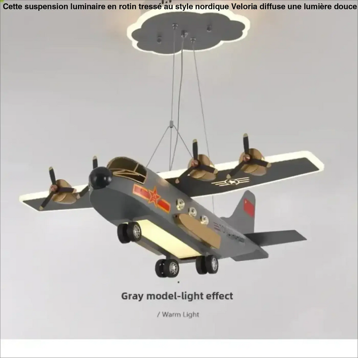 Suspension avion enfant design ailes lumineuses gris jaune