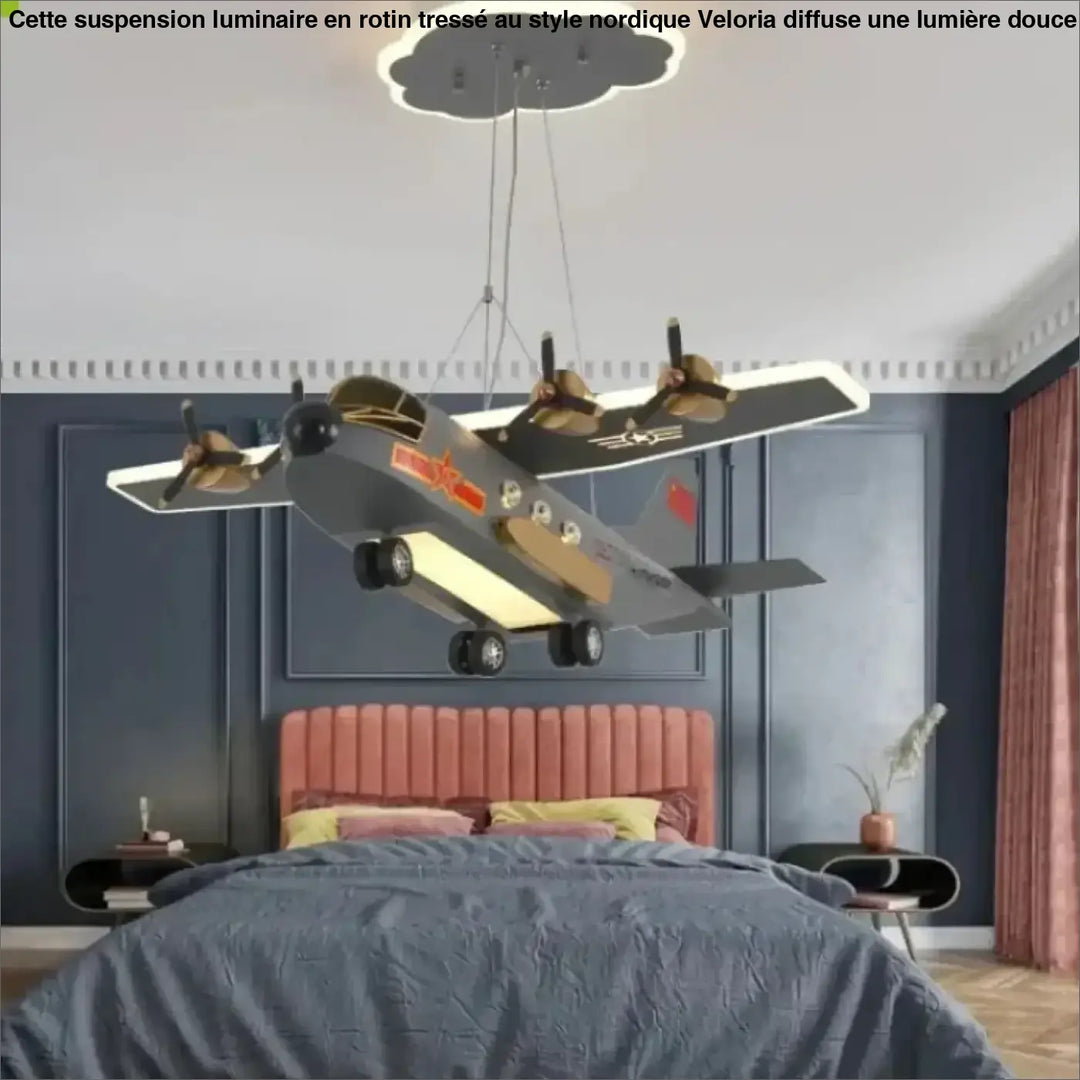 Suspension avion enfant design ailes lumineuses gris jaune