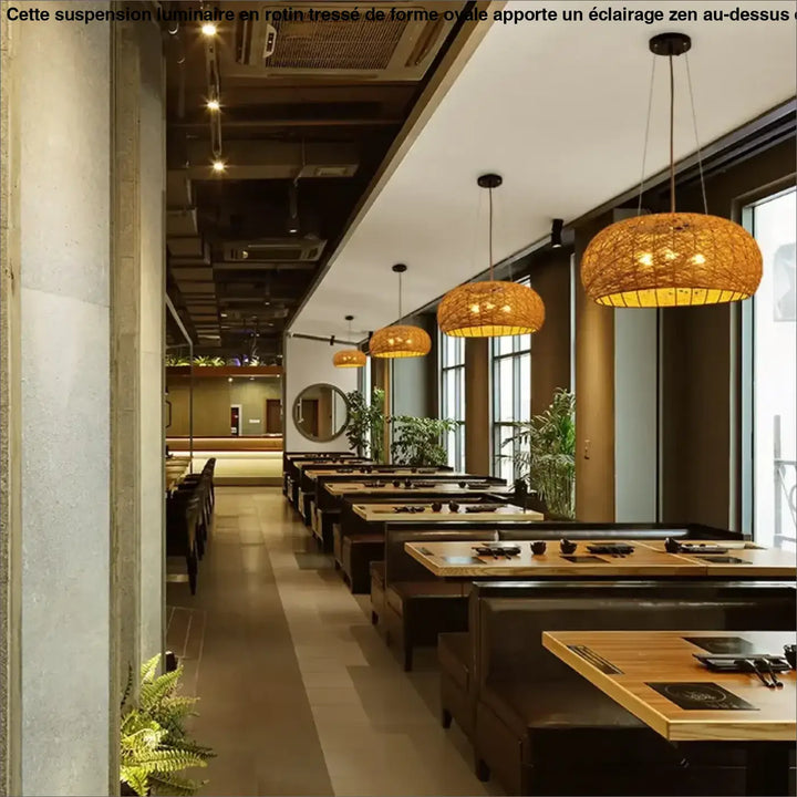 Suspension Luminaire en rotin tressé en forme ovale et zen

