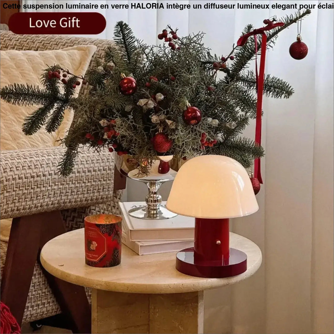 Lampe de table nacra avec base cylindrique rouge brillante et abat-jour champignon crème pour décoration intérieure design