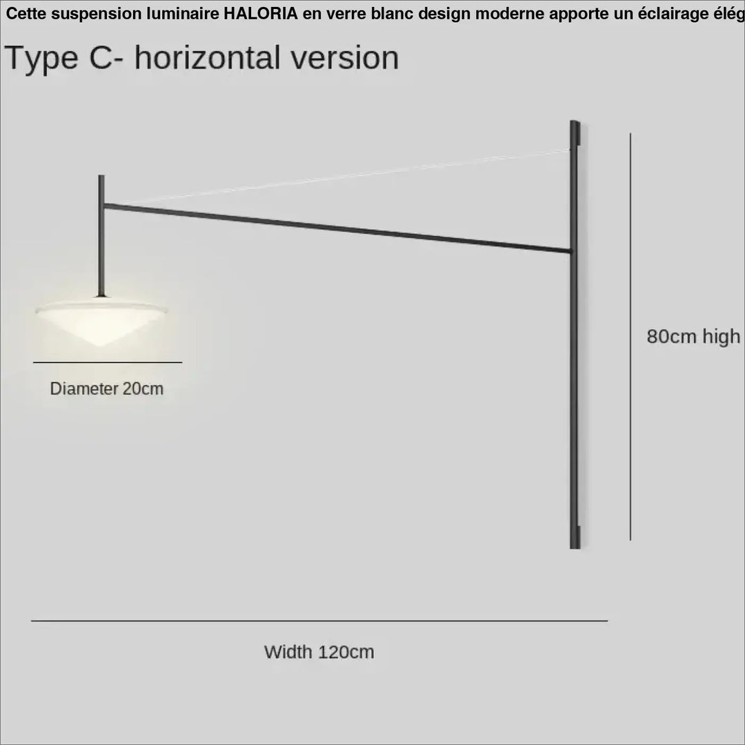 Suspension luminaire en verre blanc design moderne avec bras horizontal en métal noir et abat-jour ovale en verre blanc frosted