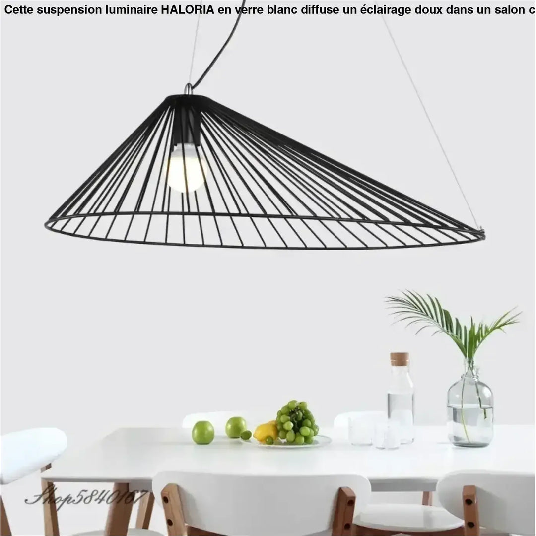 Suspension luminaire noir en métal avec design conique et structure filaire radiale pour un éclairage moderne