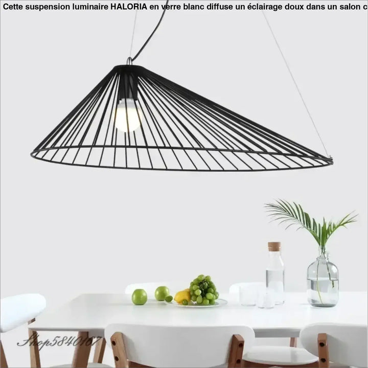 Suspension luminaire noir en métal avec design conique et structure filaire radiale pour un éclairage moderne