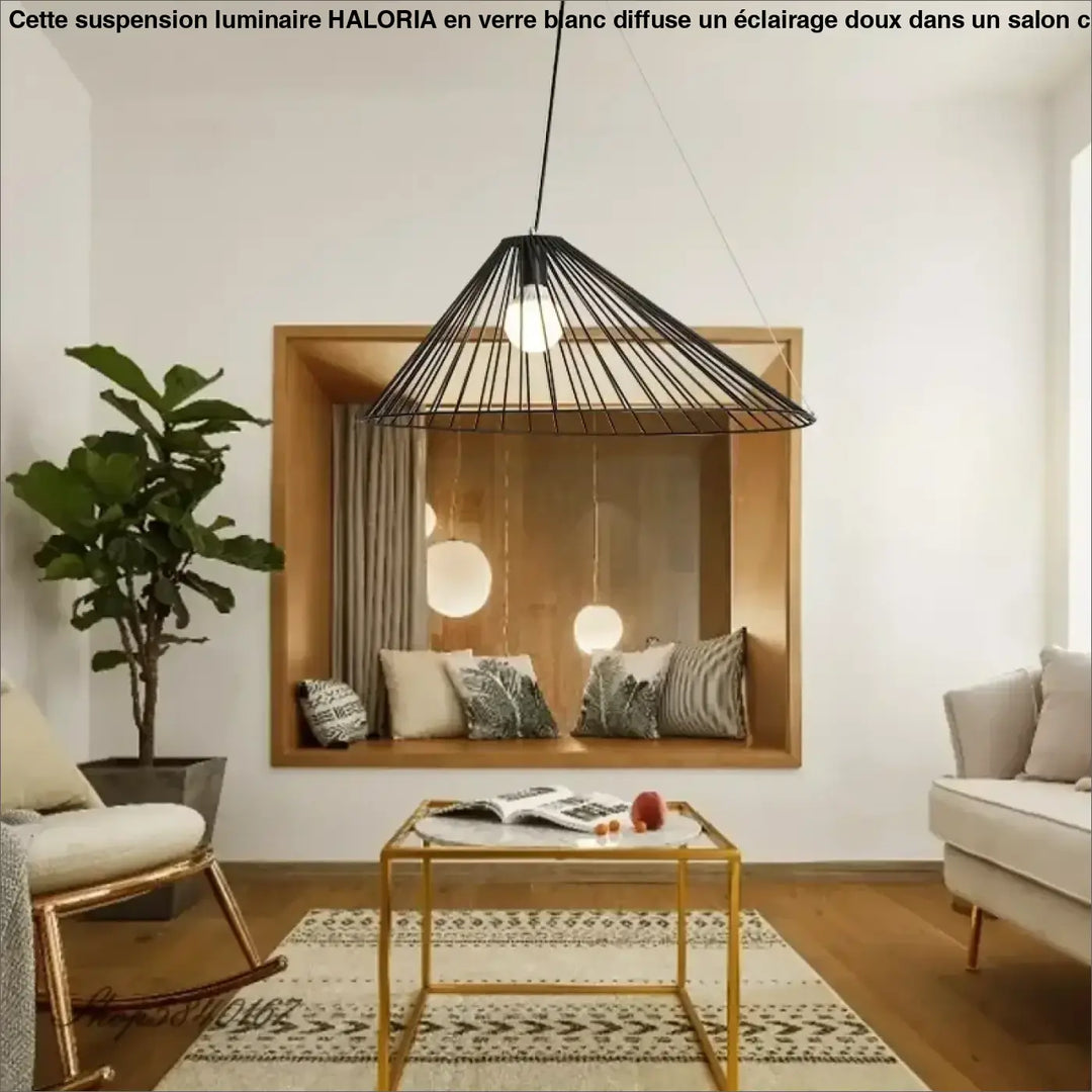 Suspension luminaire tigoan en fil métallique noir conique avec ampoule centrale pour éclairage intérieur design