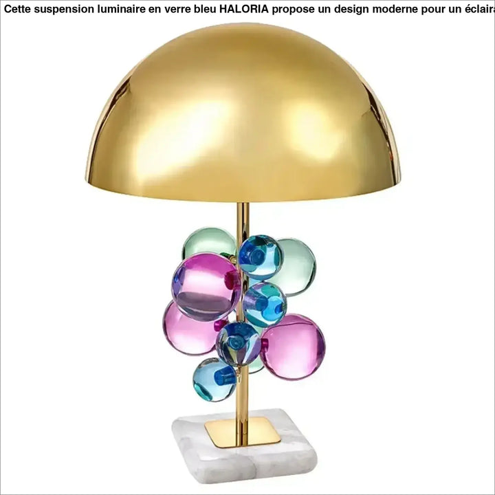 Lampe de table contemporaine dôme doré avec orbes en verre coloré sur base en marbre pour décoration intérieure