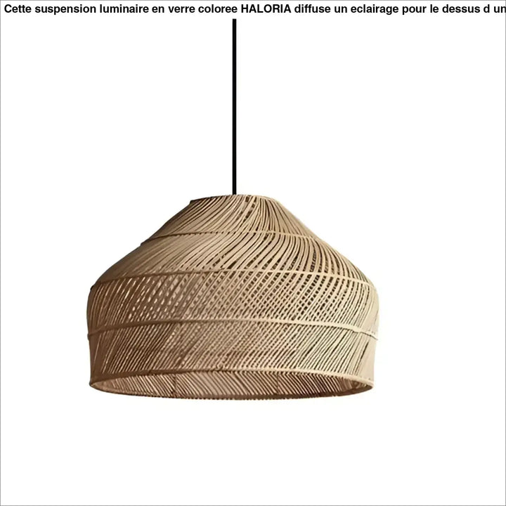 Suspension luminaire arona en rotin tressé naturel avec abat-jour conique texturé suspendu par cordon noir style bohème naturel