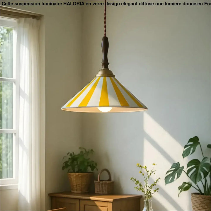 Suspension luminaire nadhy rayée jaune et blanche avec finial en bois et cordon tressé style vintage