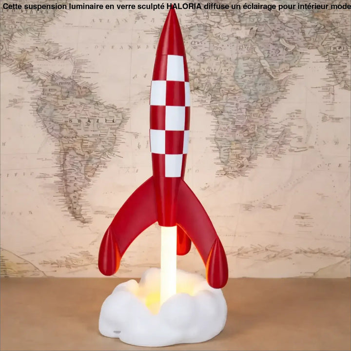 Veilleuse cosmique stellaire en forme de fusée rouge et blanc à carreaux avec base lumineuse pour une ambiance douce