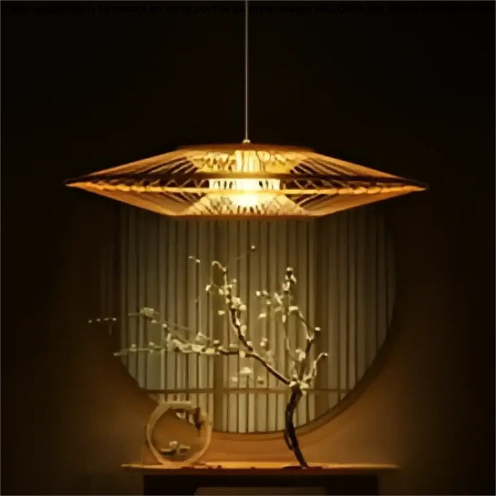 Suspension luminaire bambou en bambou doré avec design aérien et présence lumineuse au-dessus d’une table