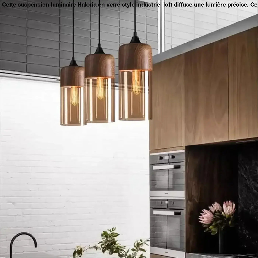 Suspension luminaire en bois foncé, verre et aluminium teinté noir

