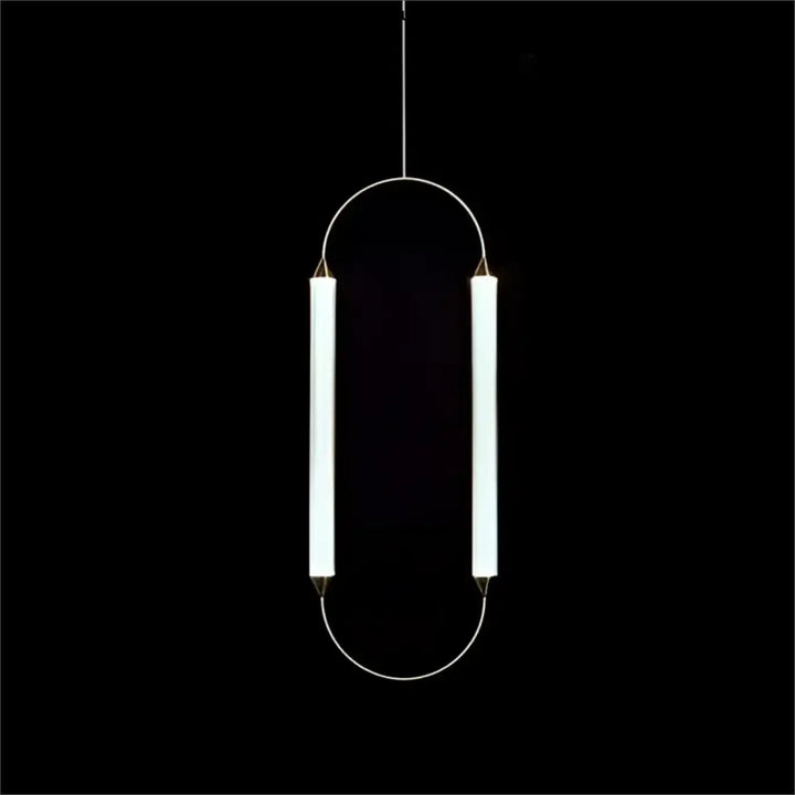 Suspension luminaire orsen avec deux sources lumineuses tubulaires verticales dans un cadre métallique courbé seule couleur chrome