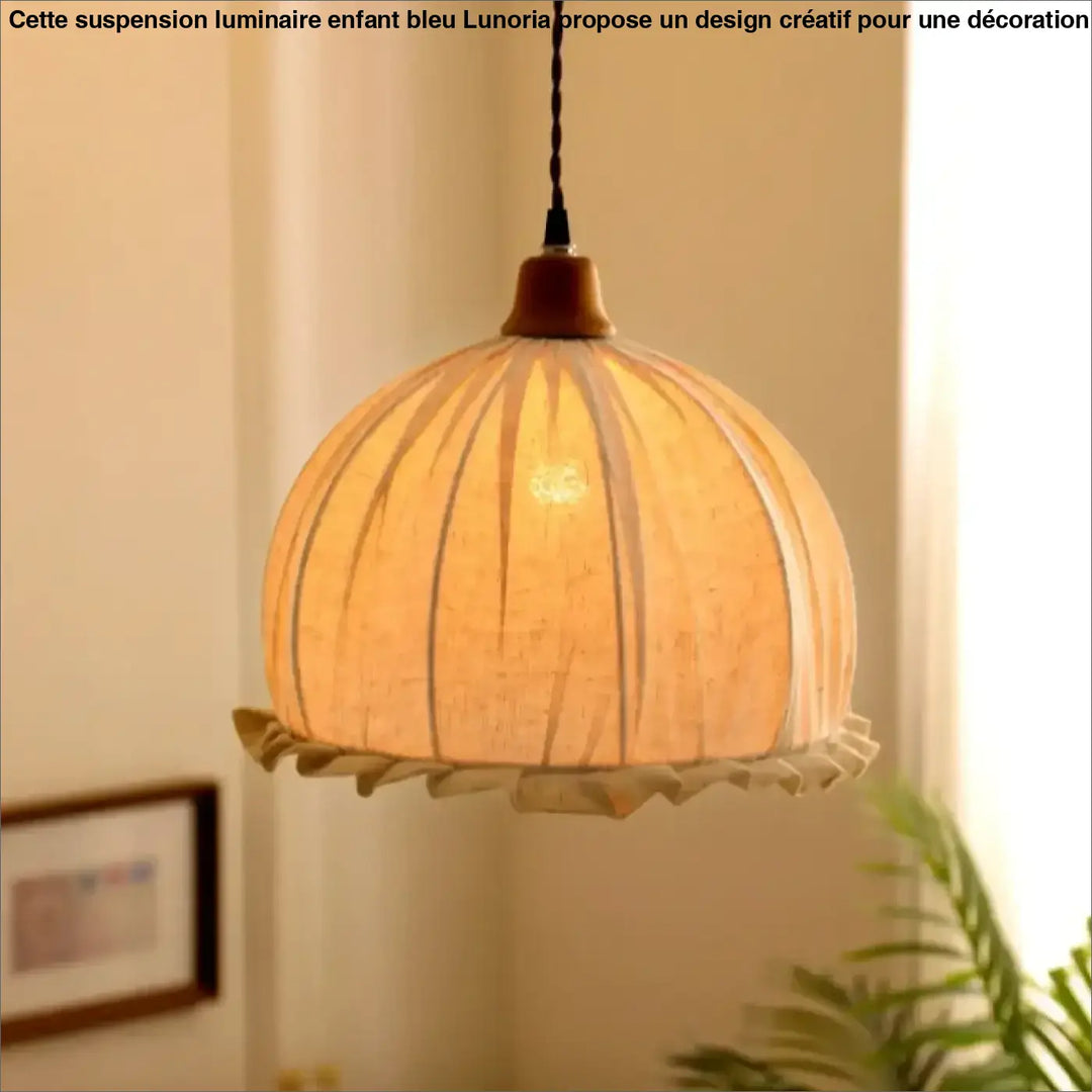 Suspension luminaire vintage en lin avec base en bois naturel