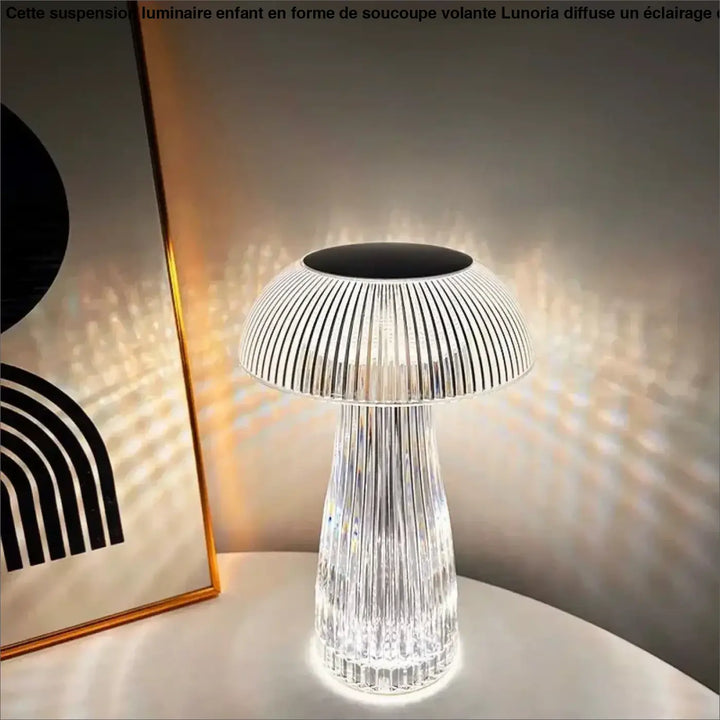 Lampe de table strilia en verre clair nervuré champignon aux reflets avec un dessus noir pour un design champignon aux élégant